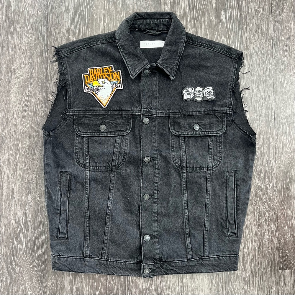 Topman Y2K Raw Cut Sleeveless Trucker Vest with Custom Harley Davidson Patches